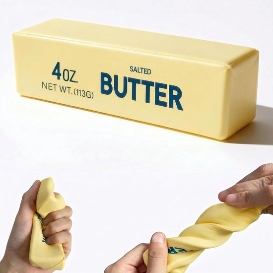 Un bloc de beurre jaune avec le texte 'SALTED BUTTER 4oz'. Deux mains pressent et étirent le coussin.