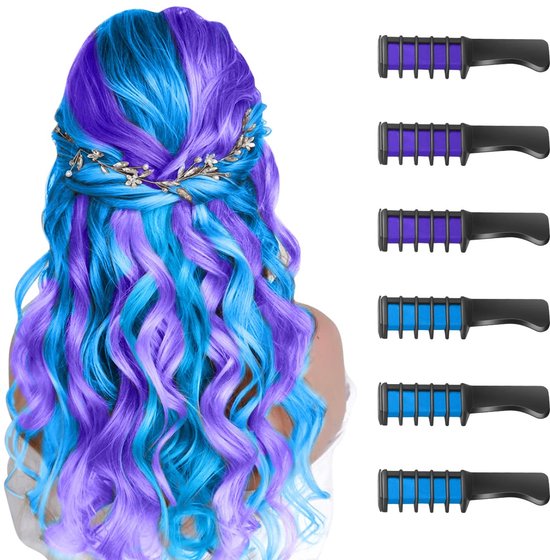 Dailygoods- Haarkrijt voor Kinderen - 6 Stuks - Tijdelijke Haarkleurverf - Blauwe/Paarse Regenboogkleuren - Cadeau voor Meisjes - Veilig en Wasbaar