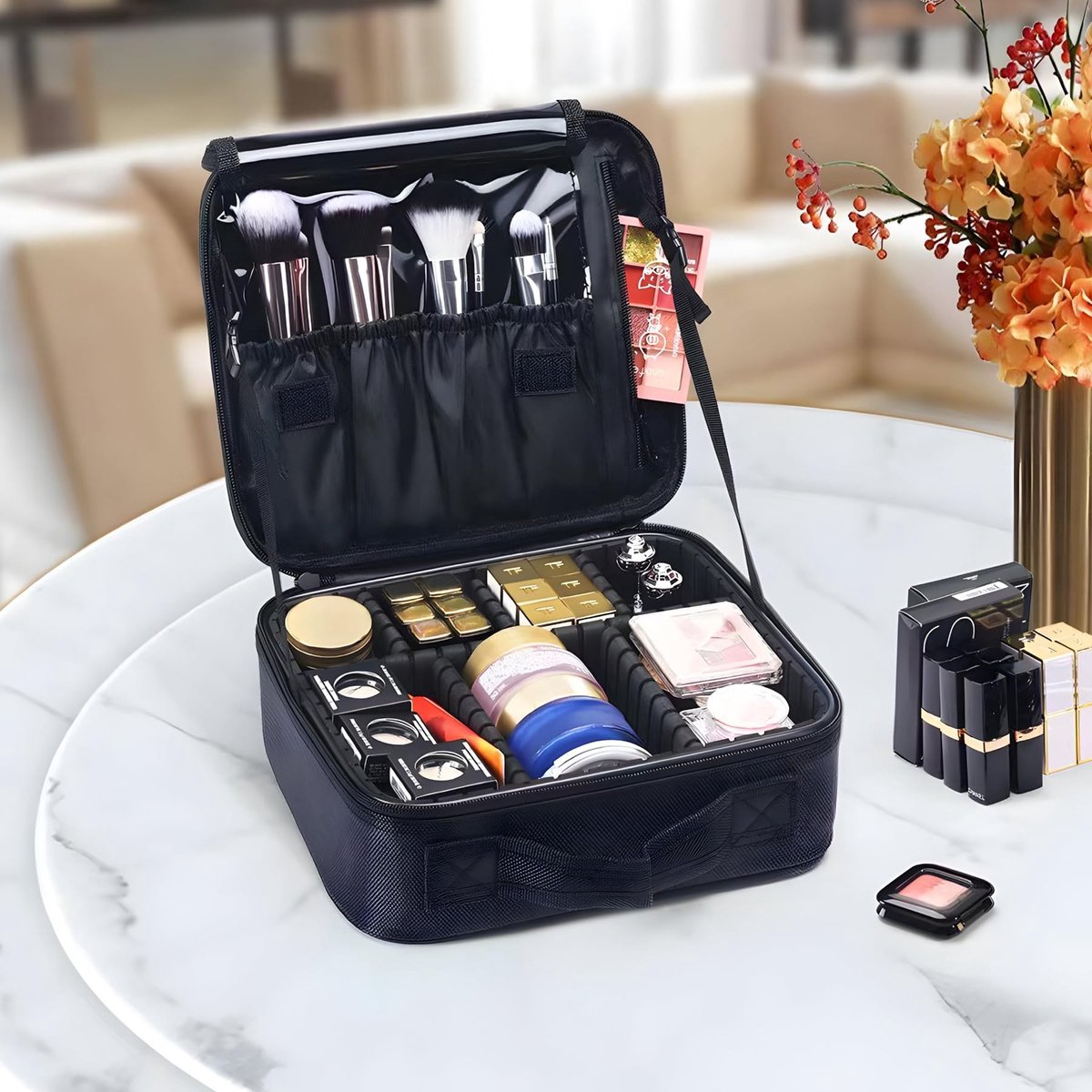 Dailygoods- Make-uptas Draagbaar - Organizer met Vakken - Toilettas - Cosmetica Organizer - Zwart - Multifunctionele Scheidingswand - Cosmetic Organizer