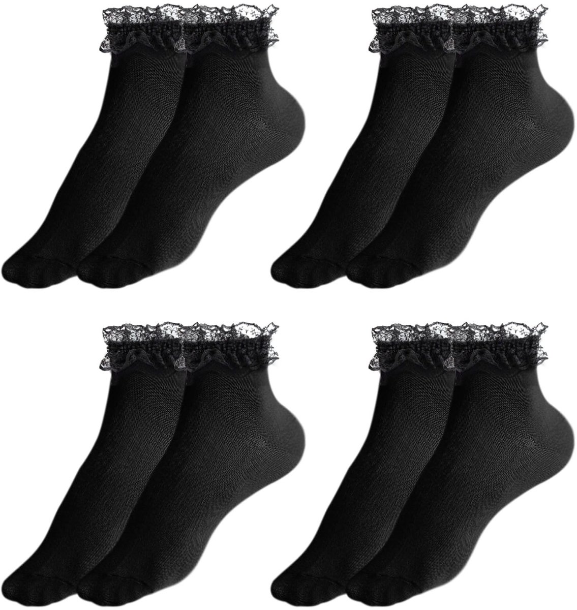 Dailygoods- Enkelsokken 4 Paar Zwart - Dames Sokken - Katoenen Sokken - Kantontwerp - Comfortabele Sokken - Ademend Materiaal