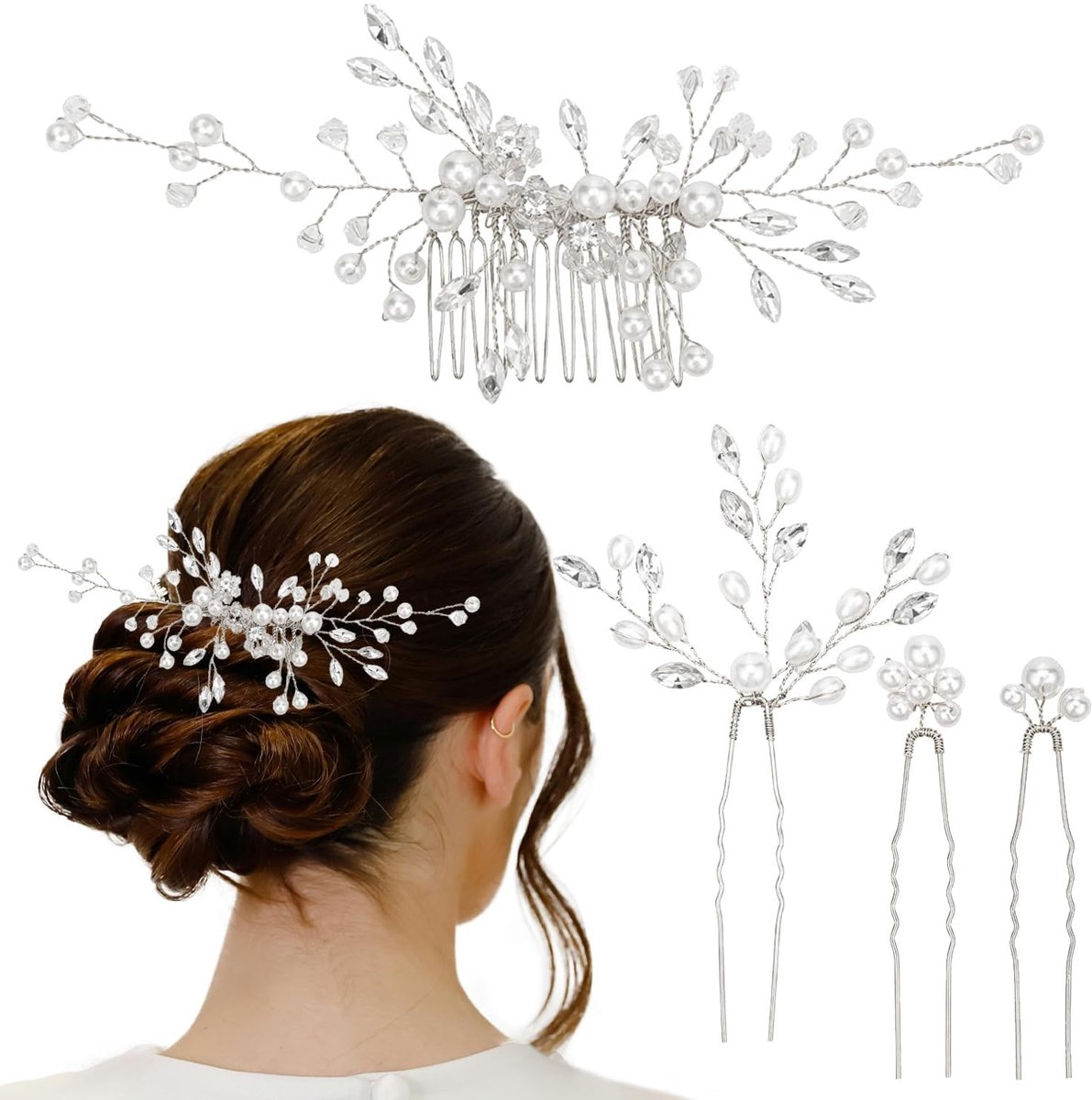 Dailygoods- Bruidshaarkam 4 Stuks - U-vormige Haarspelden - Kristallen Kralen - Haaraccessoires Vrouwen - Elegante Set - Handgemaakt van Kristal en Parel