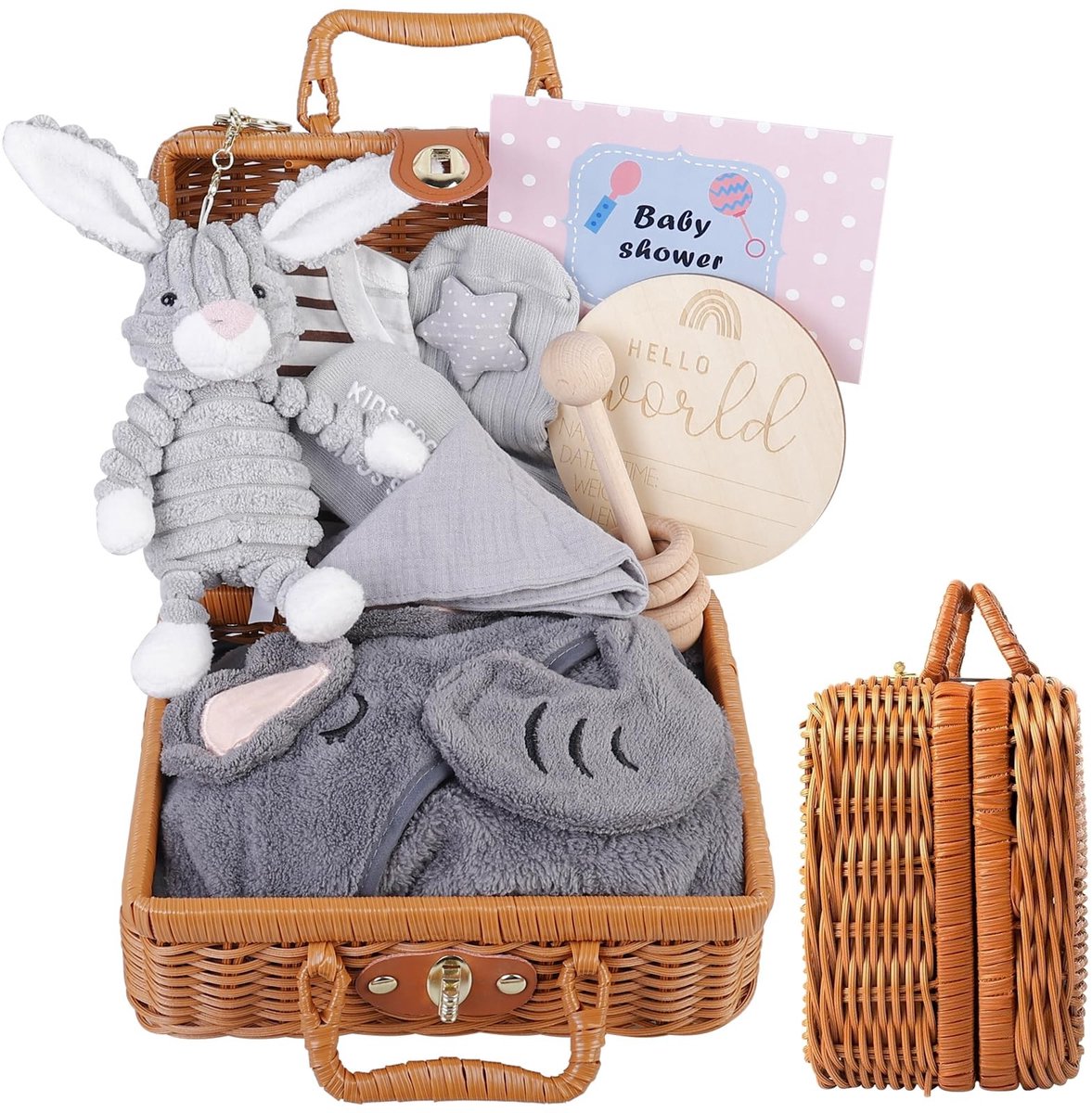 Dailygoods- Geschenkmand 9-in-1 babycadeauset - Driehoekige babydoek - Mand - Pluche dieren - Babydeken - Houten rammelaar