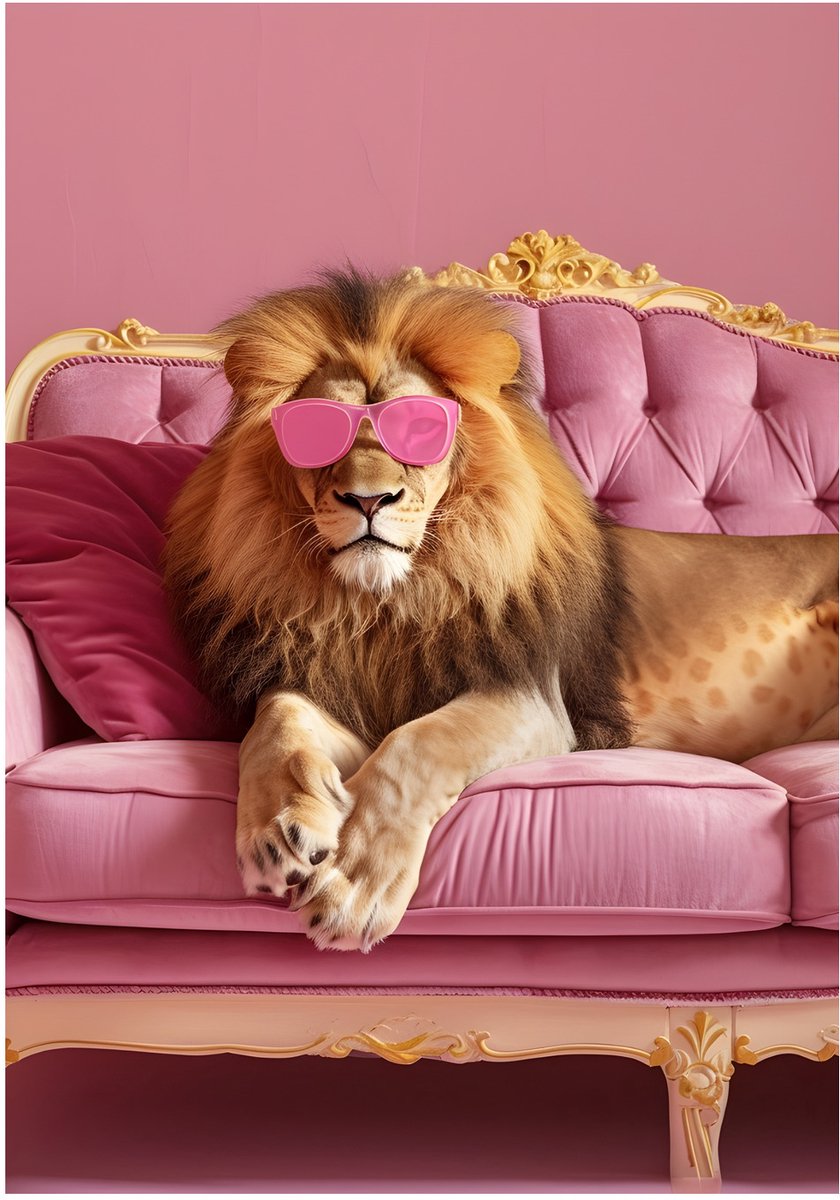 Leeuw Bril Chesterfield - Dibond Wandprint - 35x50 cm - Premium Aluminium Wanddecoratie - Pop Art Kunstdruk - Galerij Kwaliteit - Leeuw