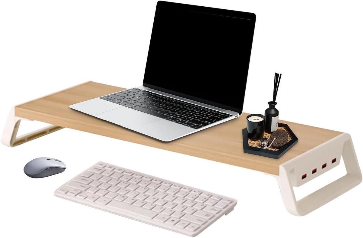 Monitor Organizer Hout - Bureau Opbergrek - Werkplek Organiseren - Met 4 USB Poorten - 50x20x7.5cm - Houtkleur Wit