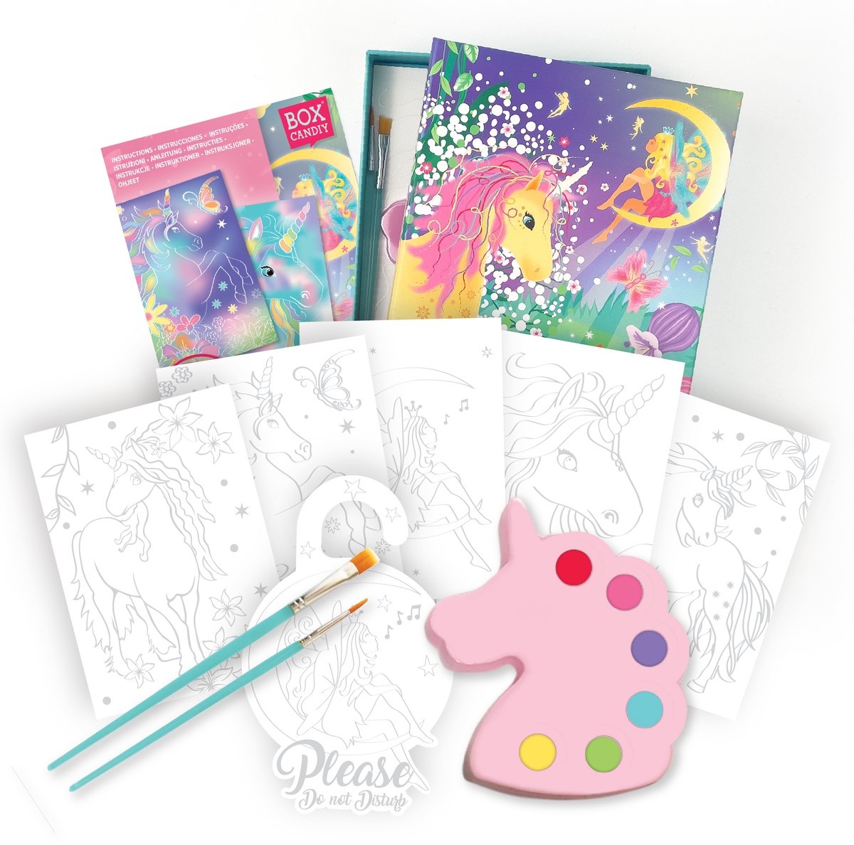 BOX CANDIY Eenhoorn Waterverf Knutselset voor Kinderen I Inclusief 5 Schilderkaarten, Deurhanger, Penselen, Palet & Opbergdoos I Creatieve Schilder Activiteit.