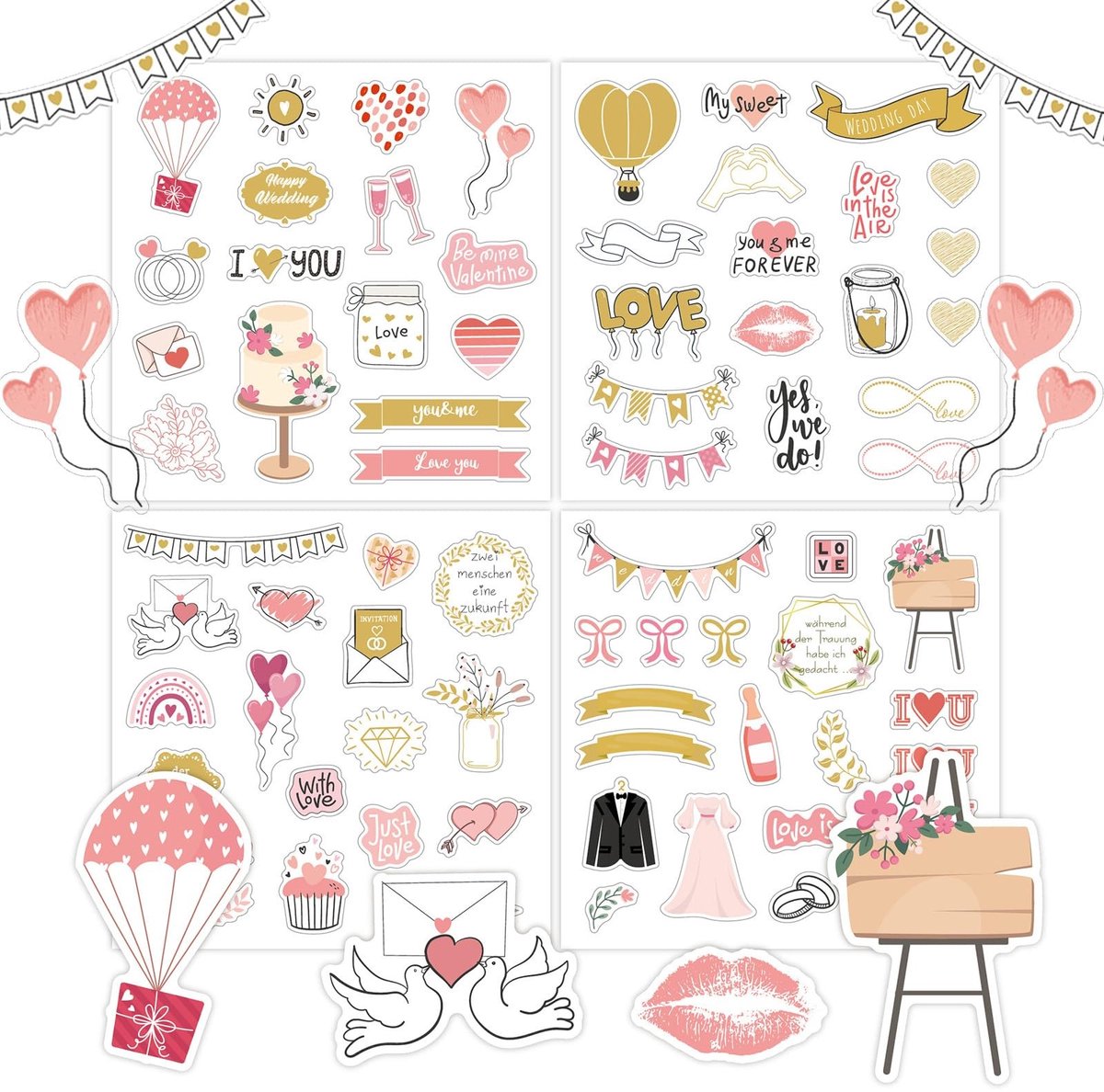 Dailygoods- Liefdesstickers Vintage - 4 Stuks - Huwelijksstickers - Gastenboek Stickers - Bullet Journal Stickers - Romantische Ontwerpen - Boho Stijl - Bruiloftsstickers
