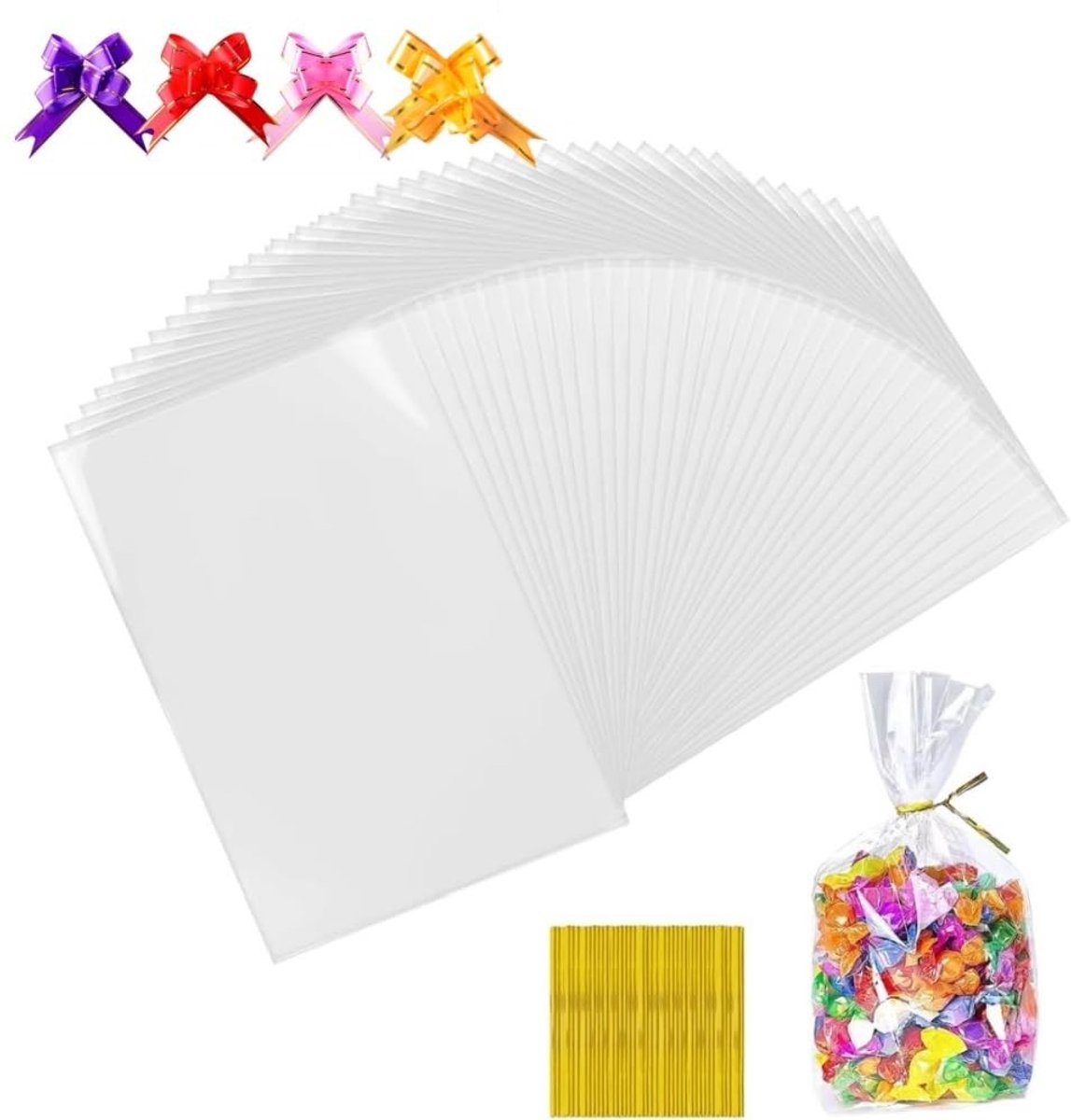 Dailygoods- Bodemzakken 100 stuks - 200 x 280 mm - Doorzichtige Foliezakjes - Koekjeszakjes - Gebakzakjes - Inclusief 100 Metalen Bandjes - Zakjes