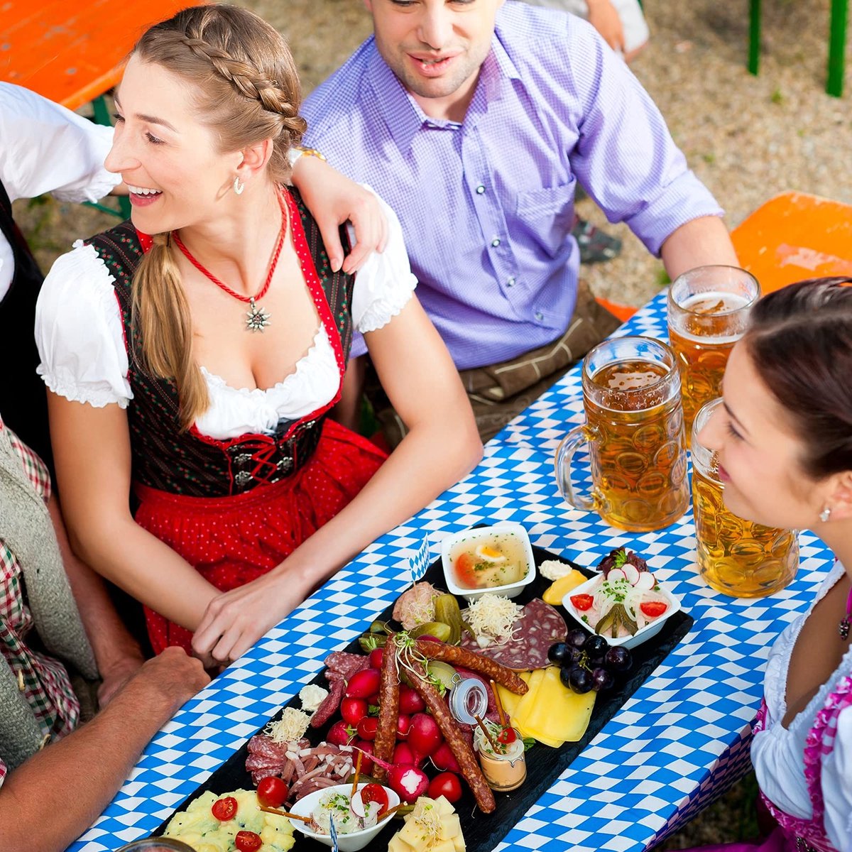 Dailygoods- Tafelkleed Groot Formaat - Oktoberfest Thema - 3-delig - Afwasbaar - Blauw Geruit - Decoratie voor Binnen/Buiten - Feestkleed