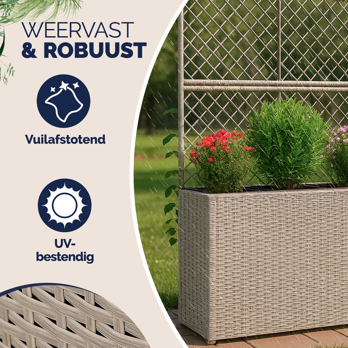 Casaria Polyrattan Plantenbak met Klimrek – 3 Bloembakken – 83x31x146 cm – Creme — afbeelding 7