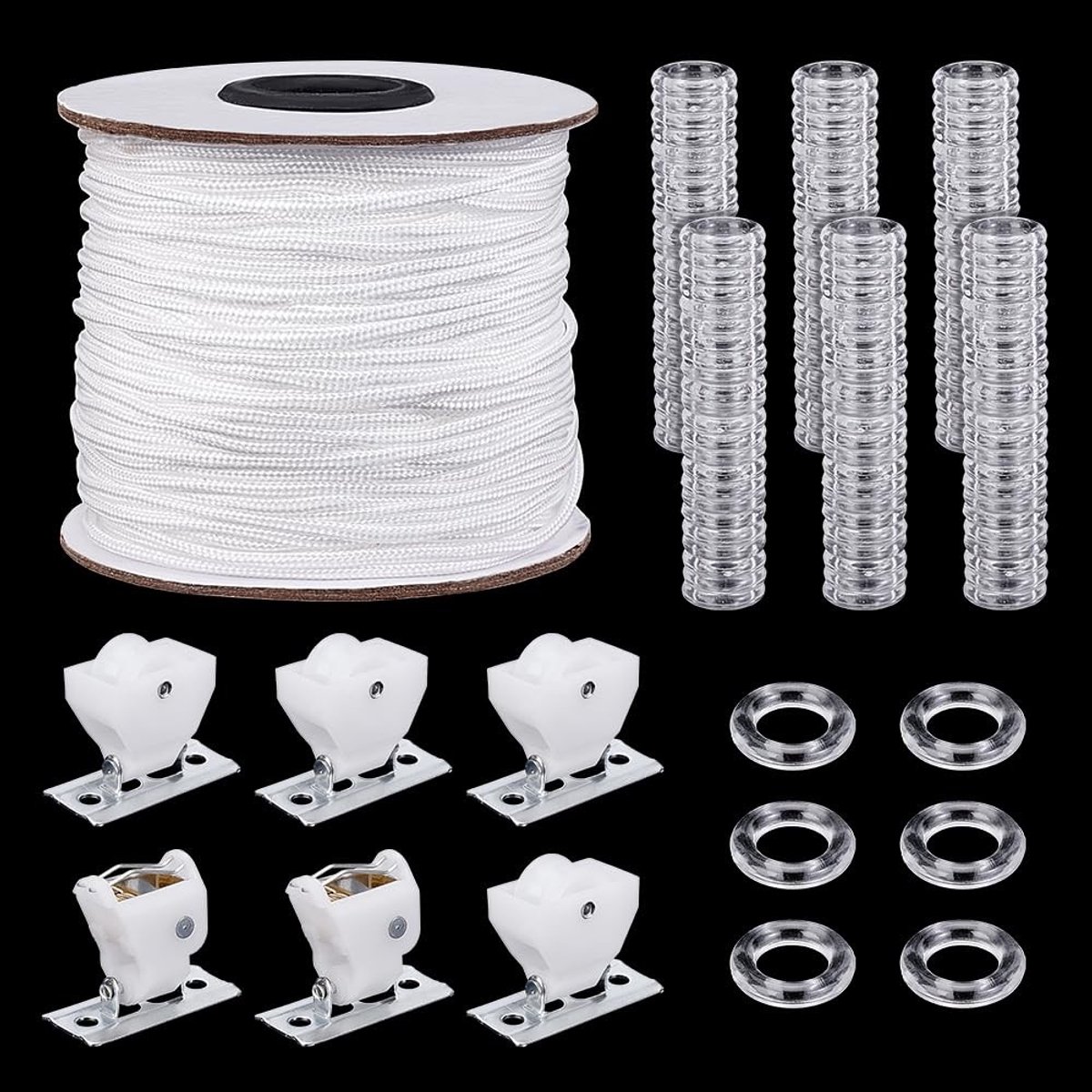 Dailygoods- Gordijnringen 100 Stuks - Doorzichtige Romeinse Gordijnringen - Gordijnkoord 50m - Koordslot 14mm - Nylon Draad 2mm - Acryl Materiaal