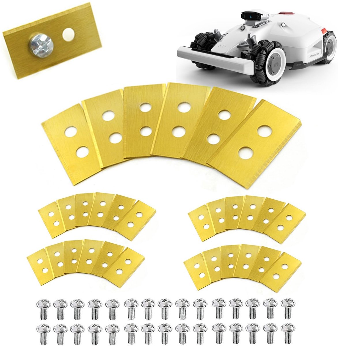 Dailygoods- Reservemessen 30 Stuks - Compatibel met Mammotion/Yuka - Titanium Coating - Roestvrij Staal - Duurzaam - 2-Gaats Systeem - Robotmaaimessen