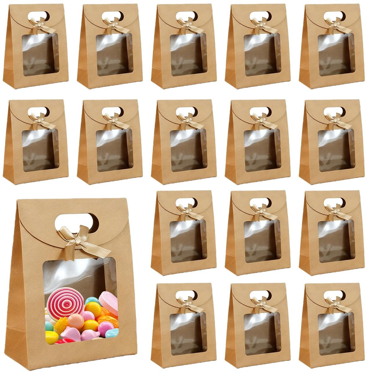 Dailygoods- Cadeauzakjes 30 stuks - Bruine Papieren Zakjes - Vensterdesign - Handgrepen - 12 x 16 x 6 cm - Voor Bruiloft/Kerstmis - Geschenkzakjes