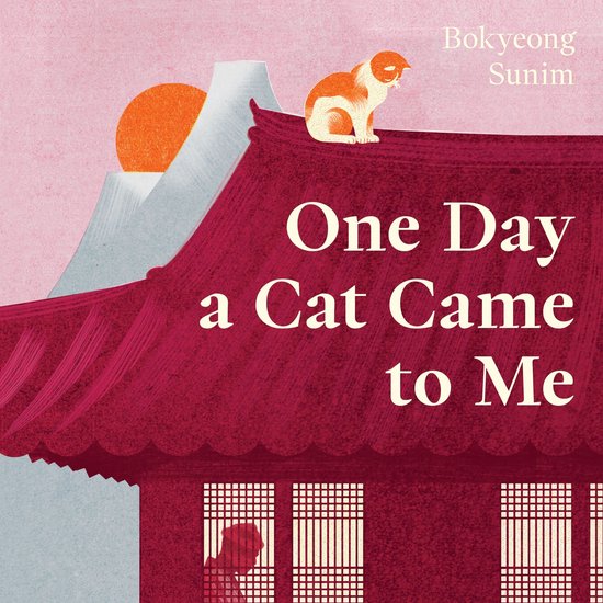 Boek 'One Day a Cat Came to Me' met een kat op een dak, zonsondergang en bergen.