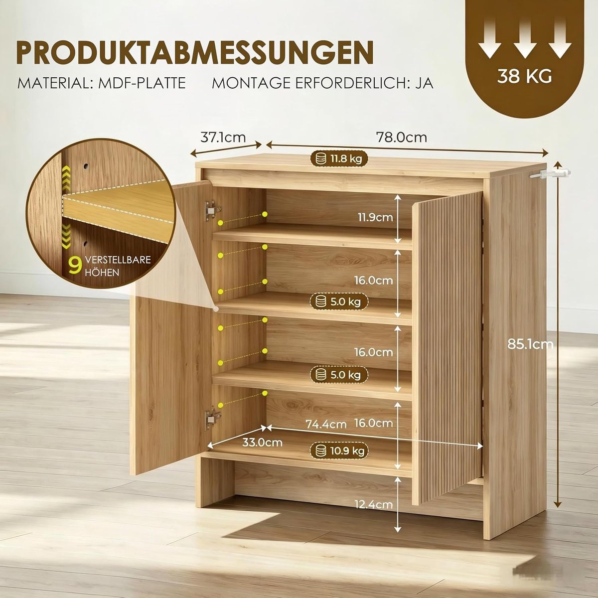 Smal Schoenenkast Eiken Look met Lamellen Deuren – 4-Laags Schoenenopbergkast met Verstelbare Legplanken, Soft-Close Deuren & Kantelbeveiliging – Compact Hal Meubel 78 x 37,1 x 85,1 cm – Mobili Bella
