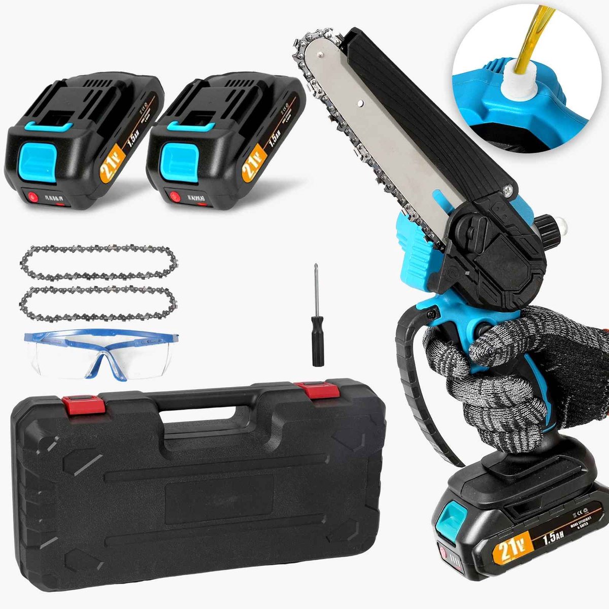 Casa Living Mini Kettingzaag - Elektrische Snoeizaag 6 Inch - 2x 21V Batterij - Automatische Olievoorziening - Draagbaar & Krachtig