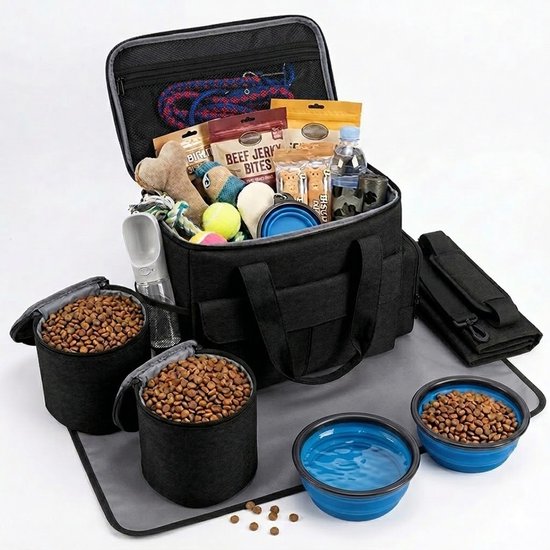 Sac de voyage Chiens – Grand sac de transport 30 L avec 2 Boîtes à croquettes – Organisateur multifonctionnel pour accessoires de chien – Sac de voyage idéal pour les propriétaires de chiens et les activités de plein air