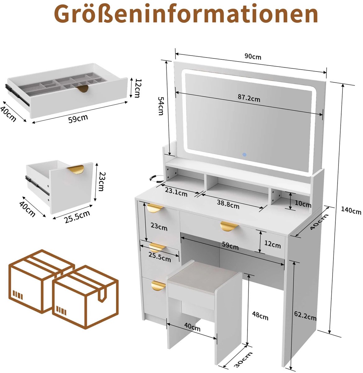 HomeGoodies - Make up tafel - kaptafel – Met LED spiegel met 3 lichtniveaus - Oplaadfuncties – 4 laden – 90x40x 40 cm – Wit