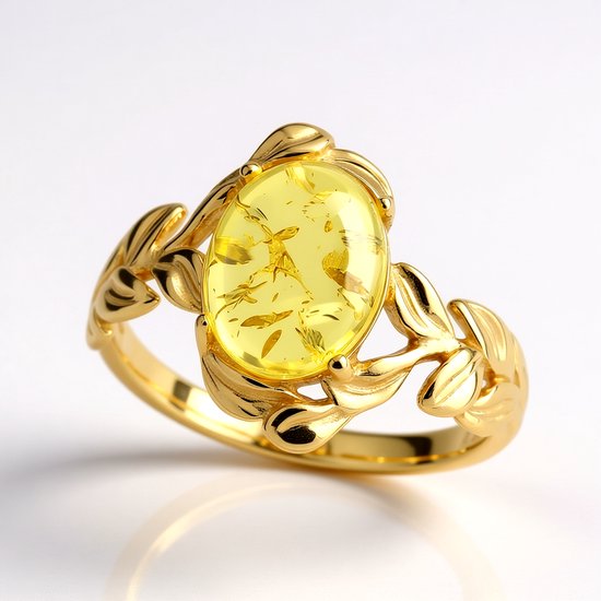 Cavill - 925 Sterling Zilveren Ring met Gouden Plating - Baltische Citroen Barnsteen 1 Karaat Ovaal Cabochon - Elegante Natuurlijke Sieraden uit Polen