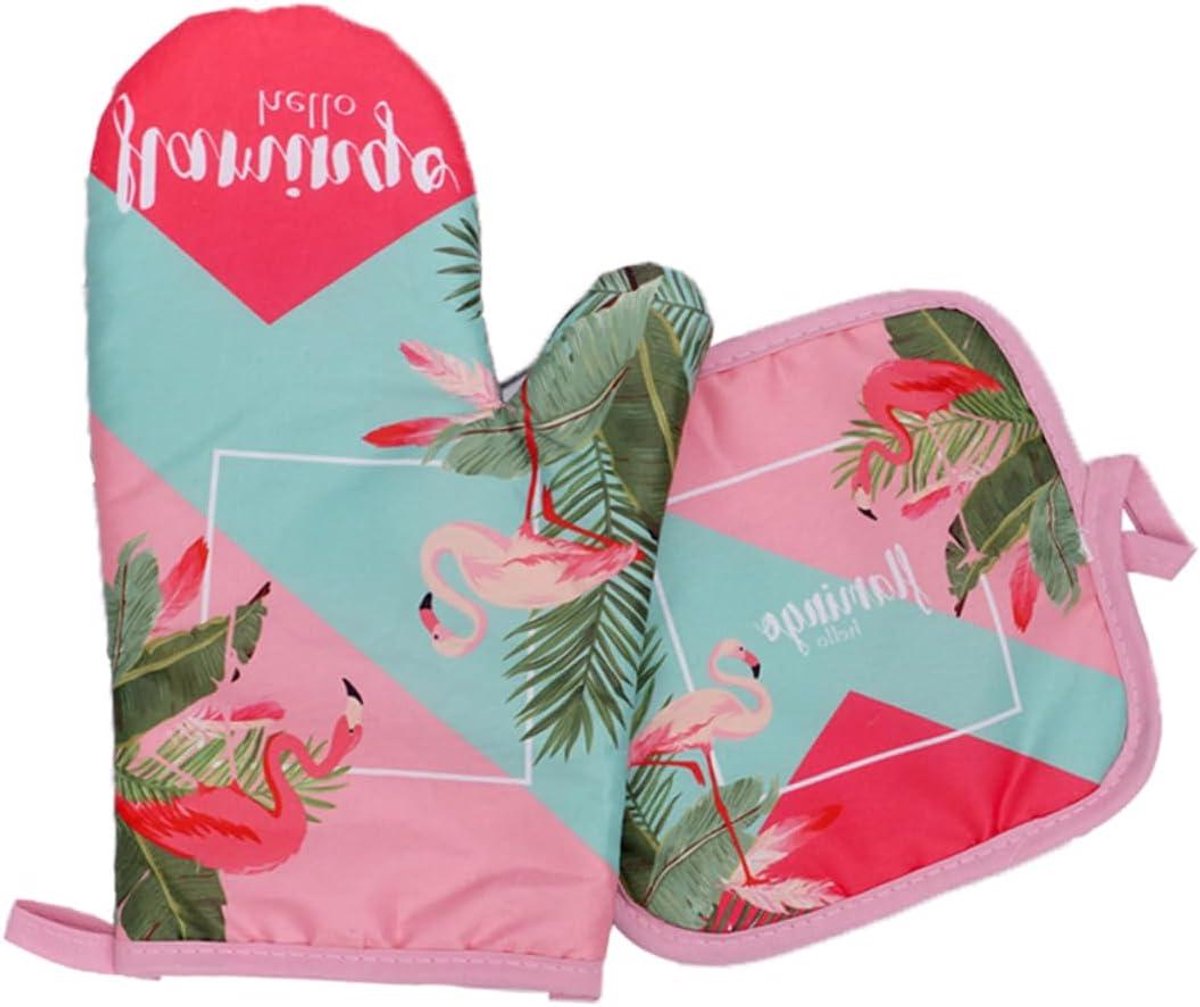 Ovenwanten en Mat - Kookhandschoenen Bakset - Bescherming tegen Hitte - Flamingo Print Design - 27x17 cm - Roze