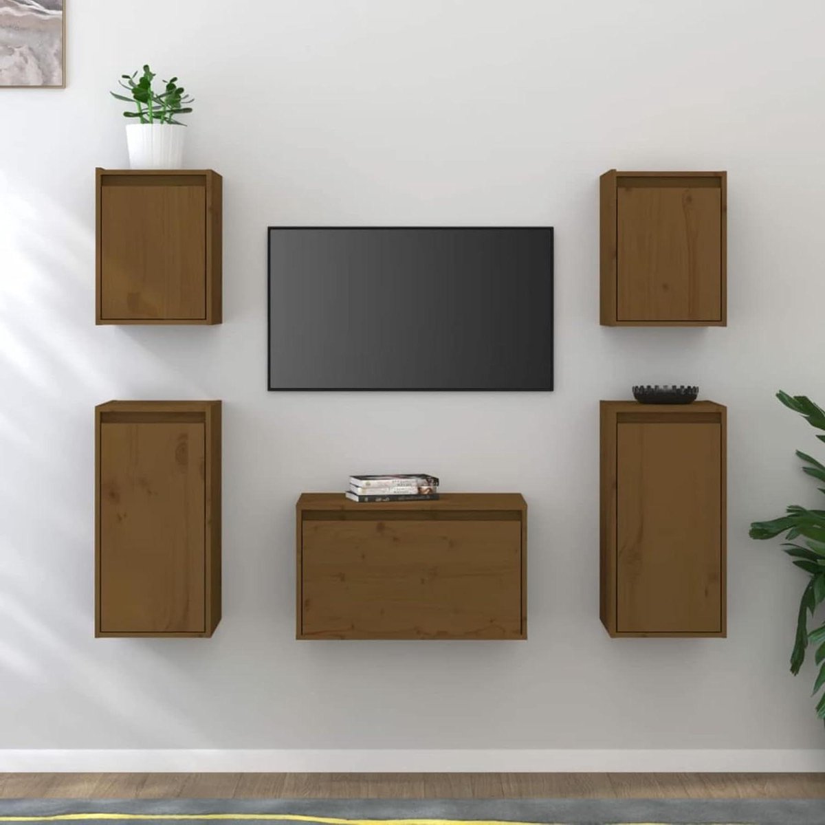 Tv-meubel set - Hangkasten grenenhout - Woonkamer inrichten - Massief grenenhout - 5 stuks