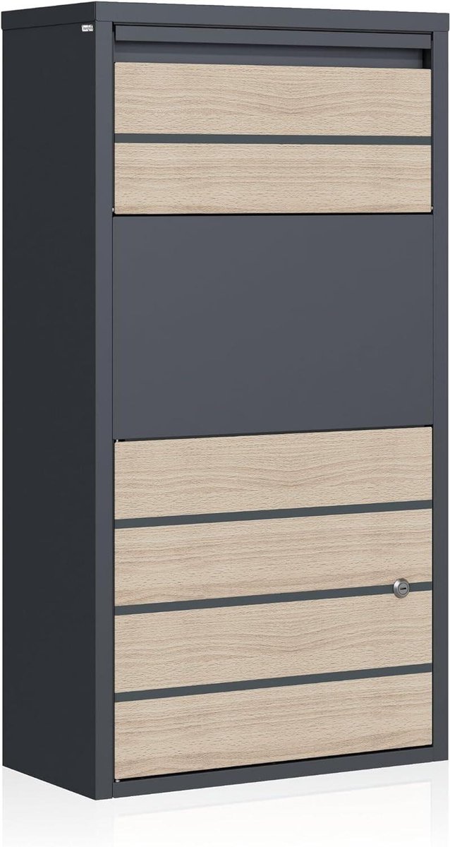 Zelsius Letterbox with parcel compartment, beech, anthracite RAL 7016, powder-coated steel, integrated retrieval block, wall mounting, floor mounting, parcel box, parcel box, parcel box
