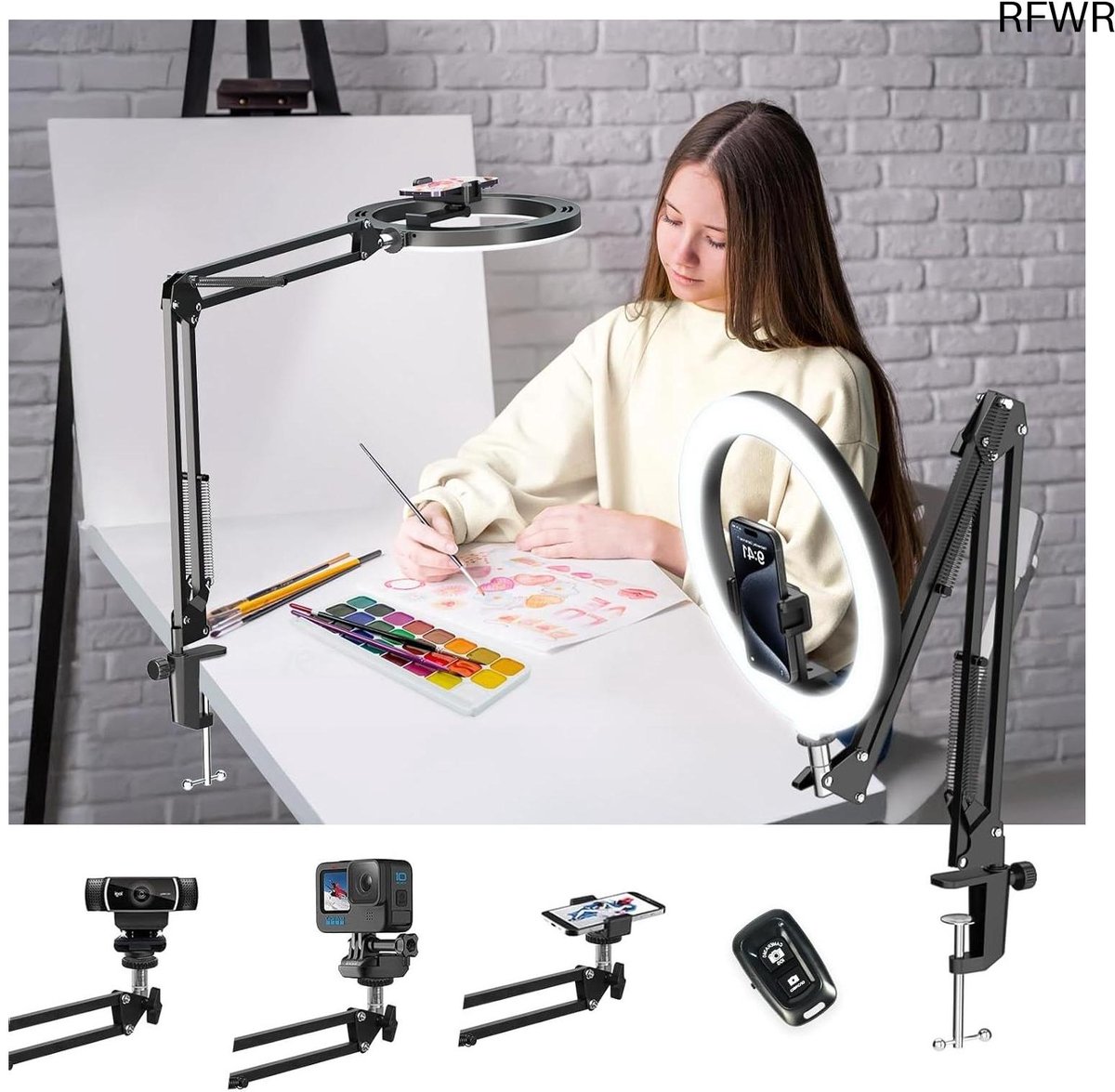 Ringlamp met statief - Verstelbare lamp - Content creatie - Schaduwvrije verlichting - 25.4 cm - Zwart