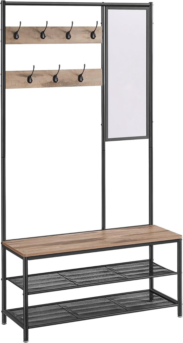 Halkapstok met spiegel - Kledingrek entree - Organiseren van spullen - 4-in-1 functionalit