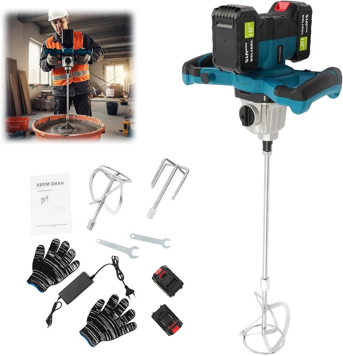 Mortelmixer 1200W - Betonmixer Krachtig - Materiaal Mengen - Twee Versnellingen - 58 cm Spiraal - Zwart Blauw