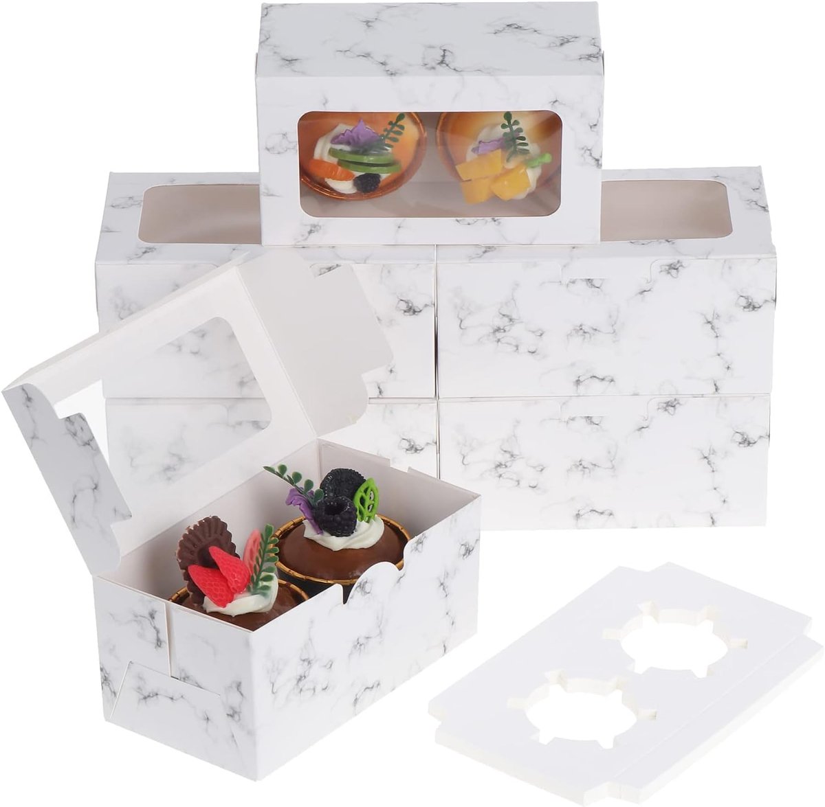 Cupcakedoosje - 30 x 20 x 20 mm - 2 gaten - Marmerwit - Met Tray en Venster - Gebaksdoos - Perfect Voor Cupcakes, Desserts en Meer - 50 stuks - Cupcakedozen - van Imperatoris