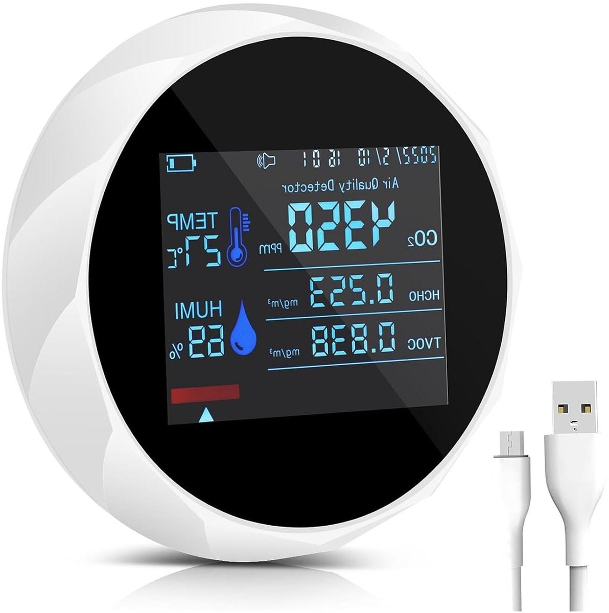 Luchtkwaliteitsmonitor - CO2-meter Detector - Binnenlucht Kwaliteit - 7-in-1 Meting - 3.9 inch Display - Wit