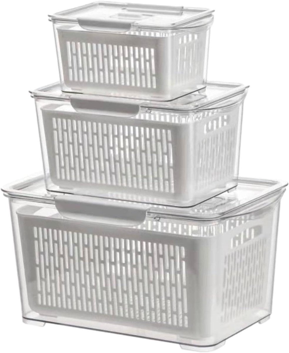 Groentecontainer, koelkastorganizer, stapelbare, afdruipbare fruitkist met grote inhoud, voedselbakset met zijgreep en afneembare zeef voor aardbeien, bosbessen