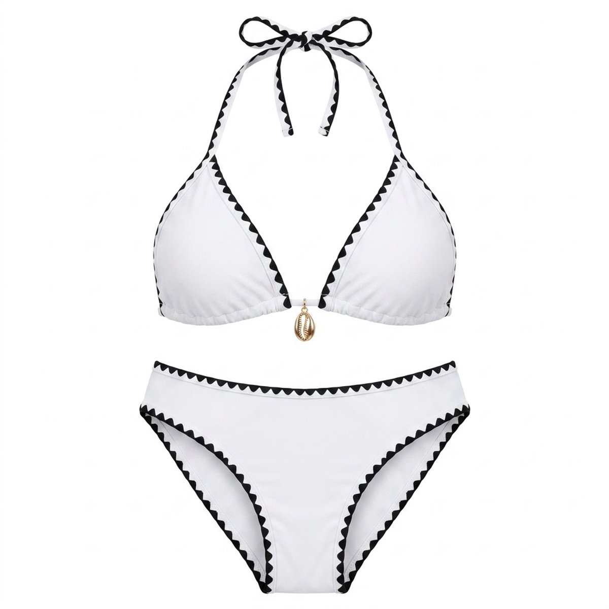 Wit zwart bikini set dames triangle bikini halter bikini zwempakset met contrasterende randafwerking 2 delige strandkleding vakantie zwemkleding maat M