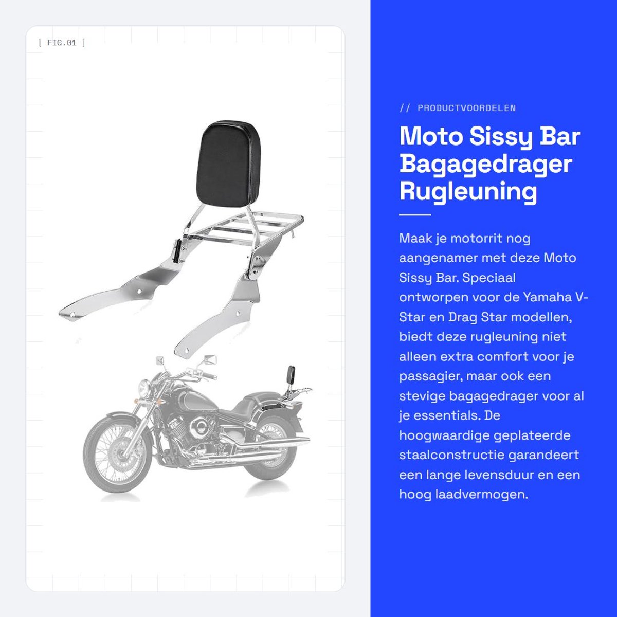 Dailygoods- Sissy Bar Hoog Laadvermogen - Bagagedrager - Rugleuning - Kunstleer - Sponsvulkussen - Voor Yamaha V-Star 650/400