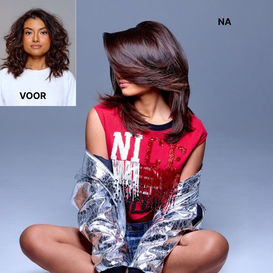 Vergelijking van blond haar voor en na de toepassing van Color Wow Dream Coat. Het haar na behandeling is glad en glanzend.