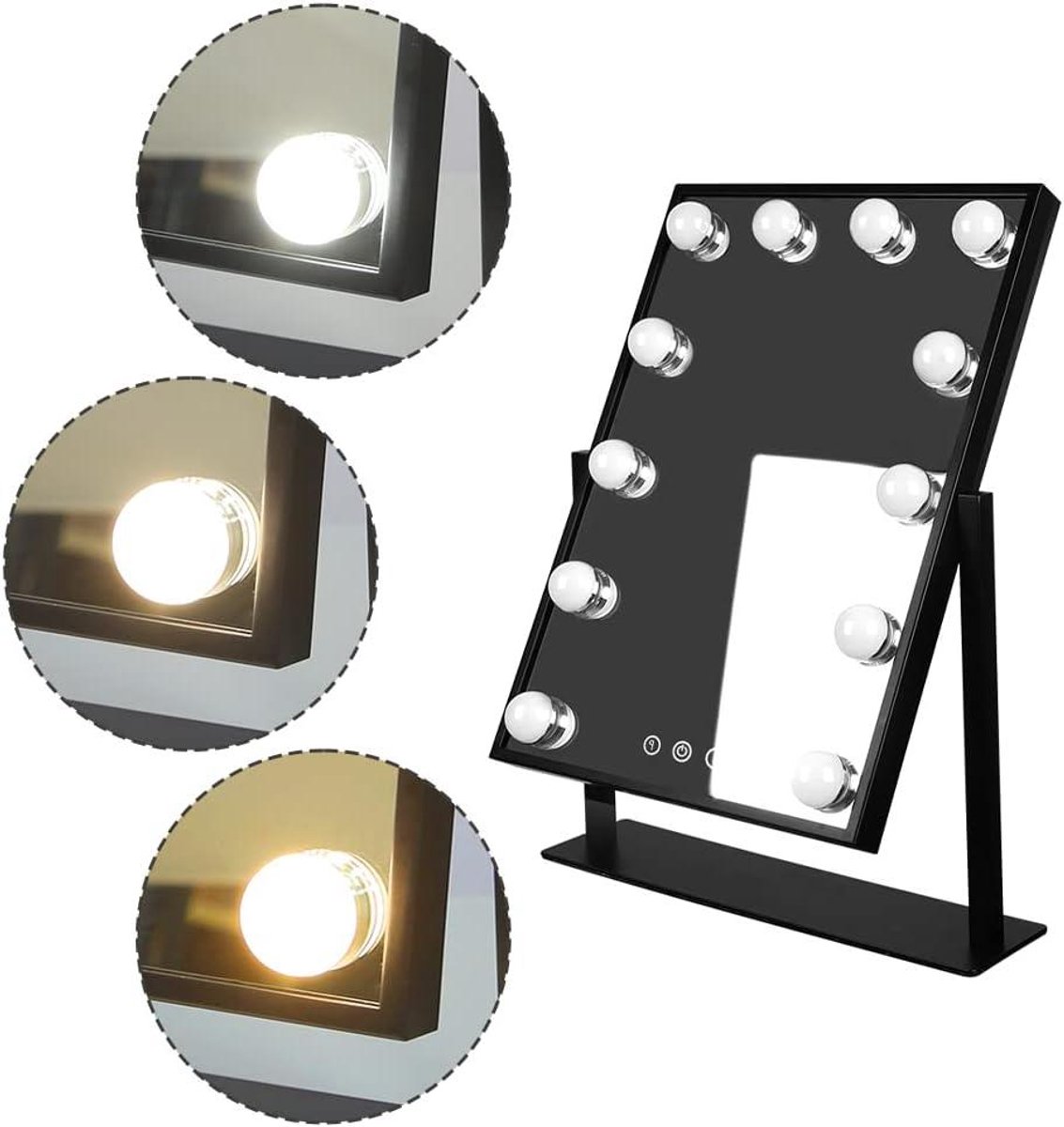 Make-up Spiegel met Lampen - Verlichte Spiegel - Professionele Make-up - 3 Kleurlichten Instelbaar - 30 x 40 cm - Zwart
