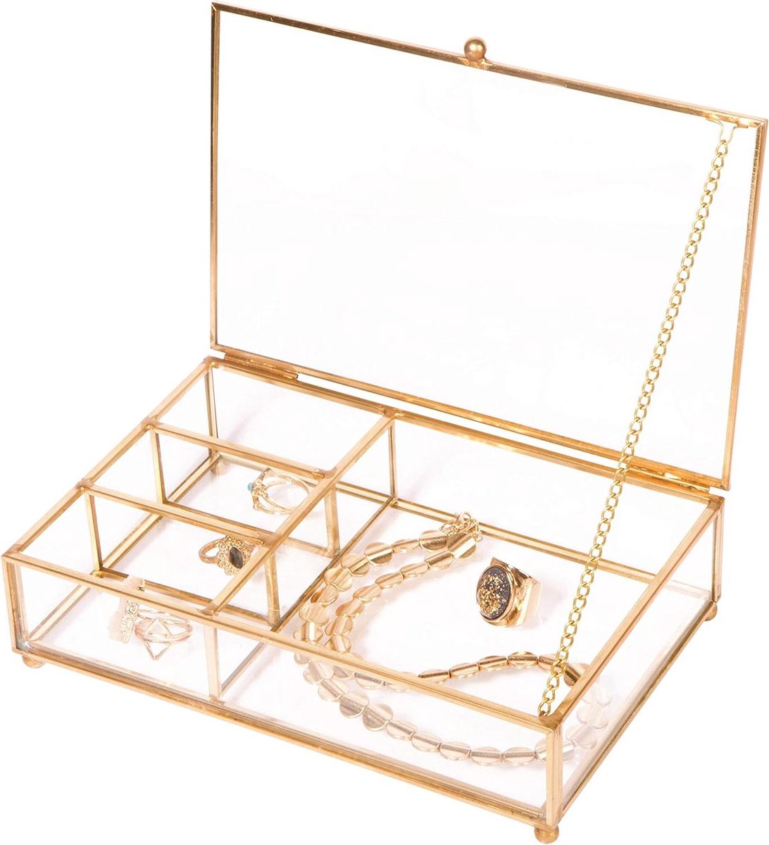 Gedecoreerde Doos - Sieraden Opberger - Decoratief Gebruik - Gespiegeld Glas - 4 Vakken - Goud