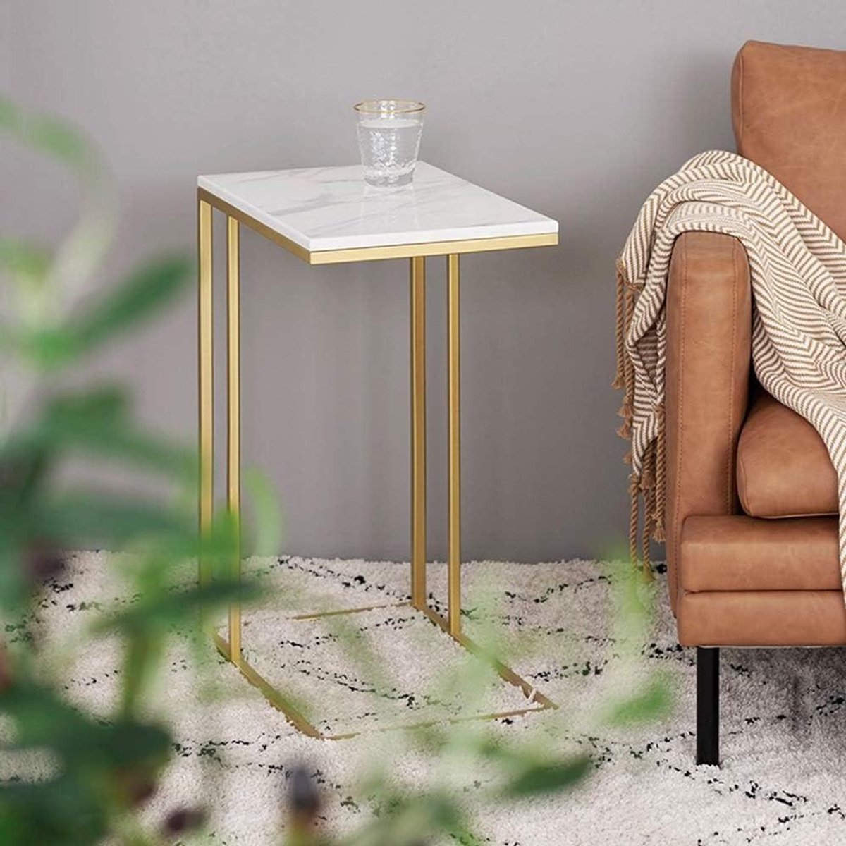 Banktafel Zijlijst - Snacktafel C-vorm - Koffie Laptop - Faux marmer blad - 50 x 30 x 58cm - Goud B