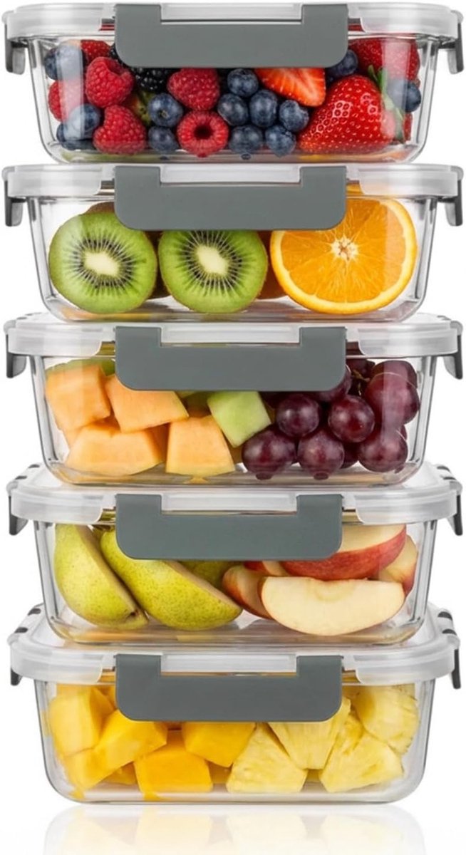 Set van 5 Borosilicaat Glazen Voedselopslagdozen met BPA-vrije Deksel, Ideaal voor Magnetron, Vriezer en Afwasmachine, Perfect voor Maaltijdprep en Organisatie