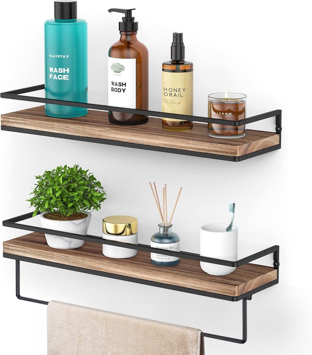 HOMESY Zwevende planken wandgemonteerde plank, zwarte planken 42cm, houten planken set van 2 voor badkamer, slaapkamer, keuken, kantoor, verkoold zwart