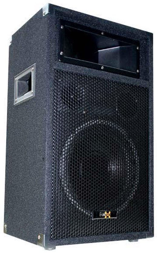 Zwarte 3-weg PA luidspreker van E-Lektron met een 10 inch woofer en metalen grill.