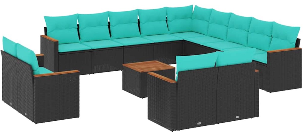 vidaXL - 14-delige - tuinbankset - met - kussens - van - zwart - polyrotan