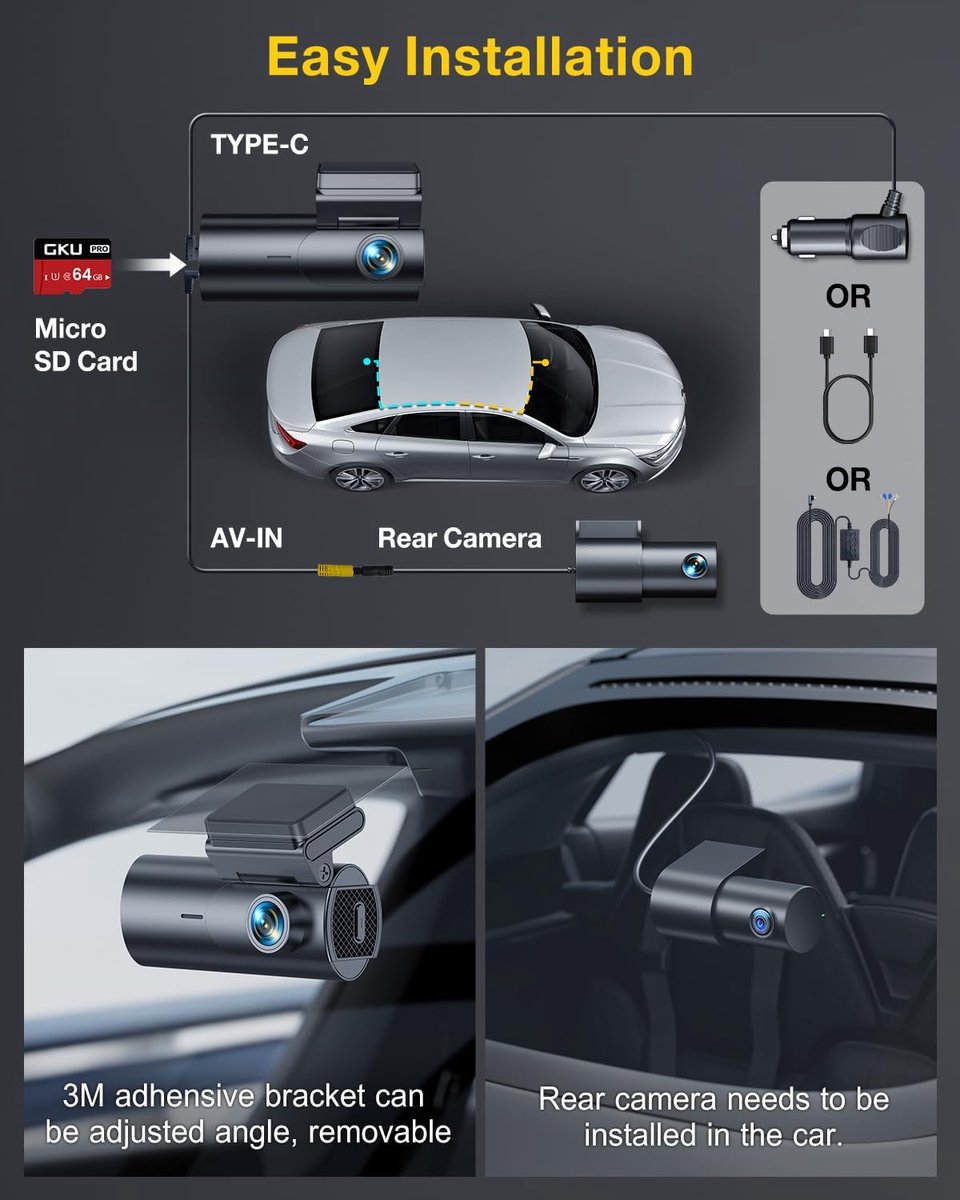 Dashcam 4K voor en achter met wifi app - auto camera met nachtzicht en 64GB SD kaart – foto 4