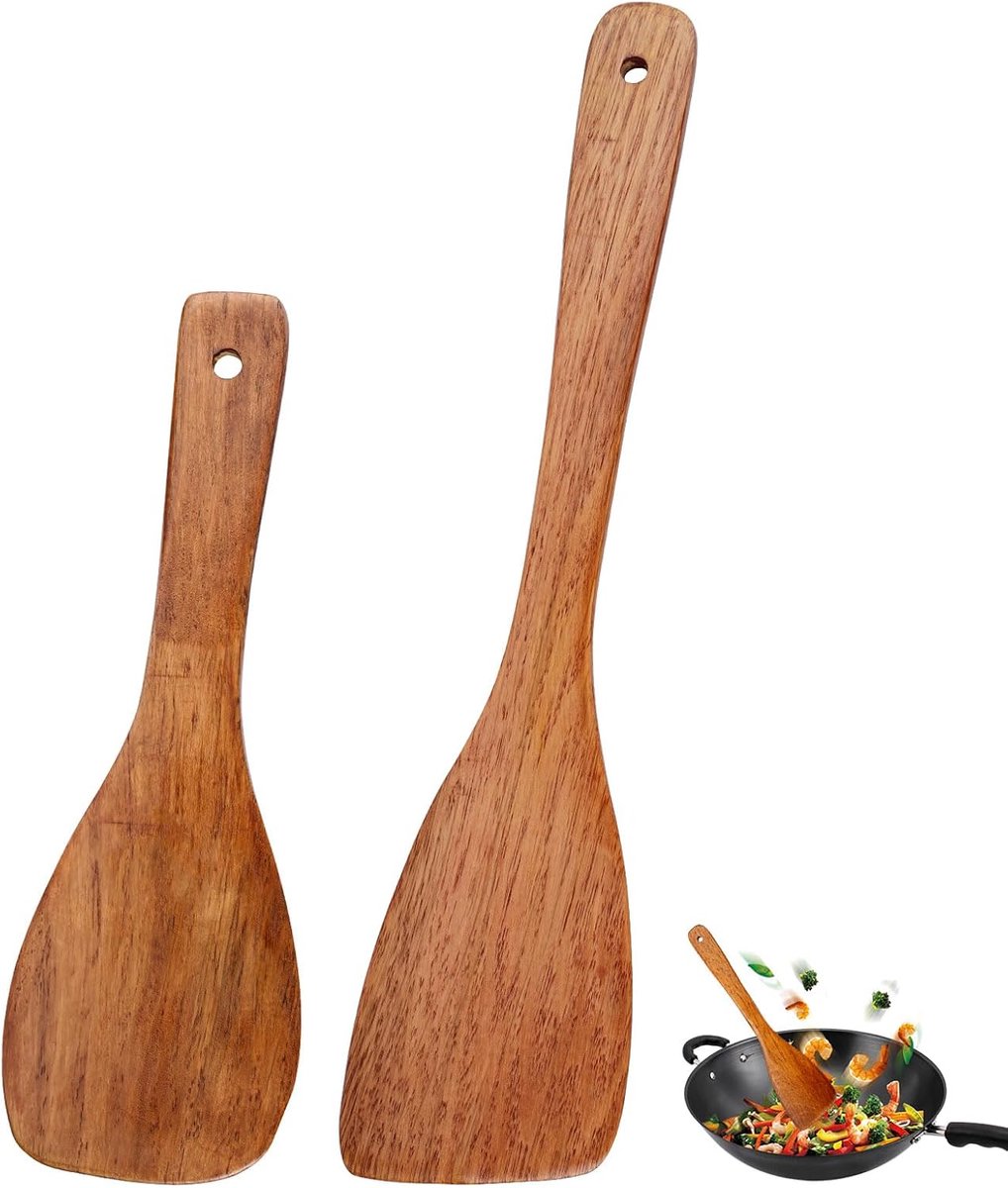 Houten Spatels - Kooklepels Sets - Koken en Bakken - Gladde Afwerking - 2 Maten - Bruin