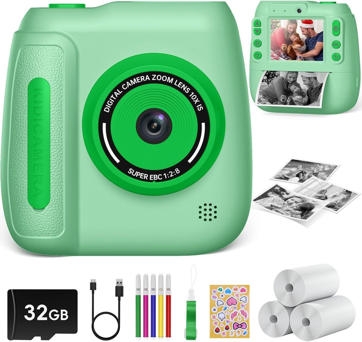 Kinder Camera - Direct Print Camera - Herinneringen Vangen - Directe Prints - 32GB Kaart - Groen
