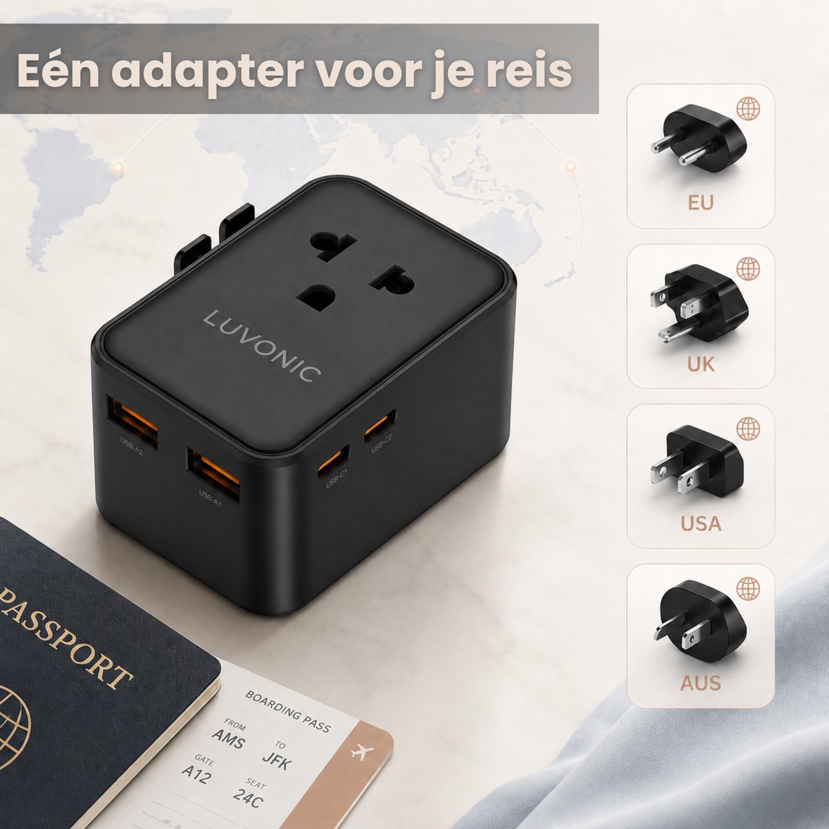 Luvonic® Wereldstekker - Universele Reisstekker met USB-C & USB-A - Reisadapter voor Europa, UK, USA & Australië - Compacte Travel Adapter - Zwart - 2026 Model — cadeau in Gadgets - foto 6