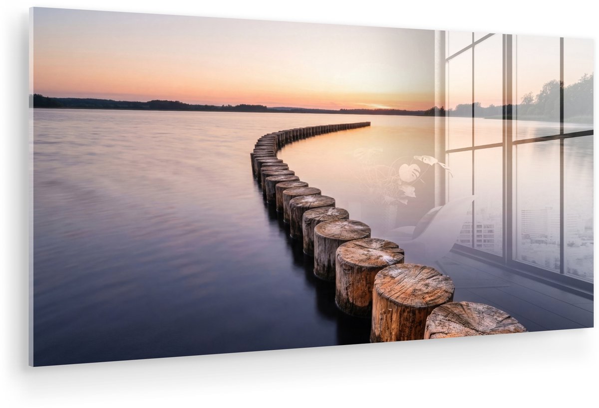 MuchoWow® Glasschilderij 160x80 cm - Schilderij acrylglas - Hout - Palen - Water - Foto op
