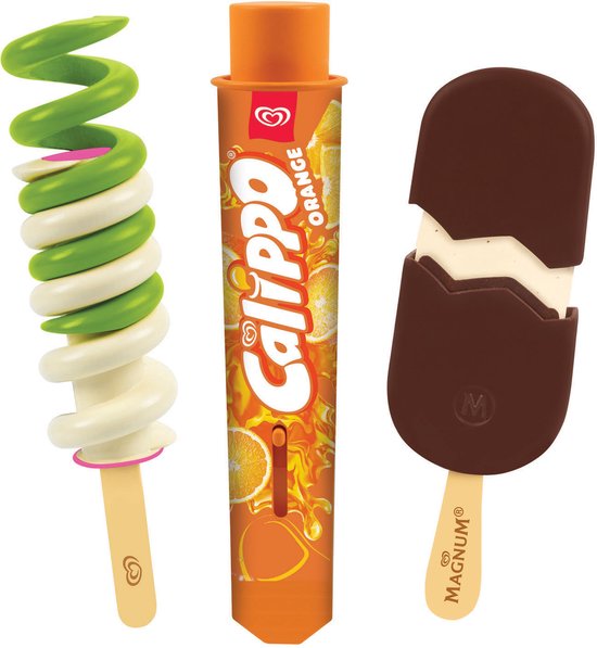 Drie speelijsjes: een Magnum, een Calypso Orange en een groen-wit gespiraliseerd ijsje.