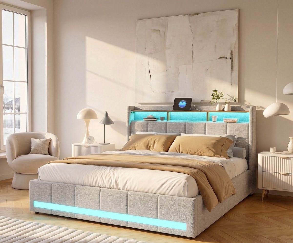SHOPENTRA Opbergbed 140x200 cm beige linnen met LED-hoofdbord, 4 lades en USB/Type-C oplaadfunctie