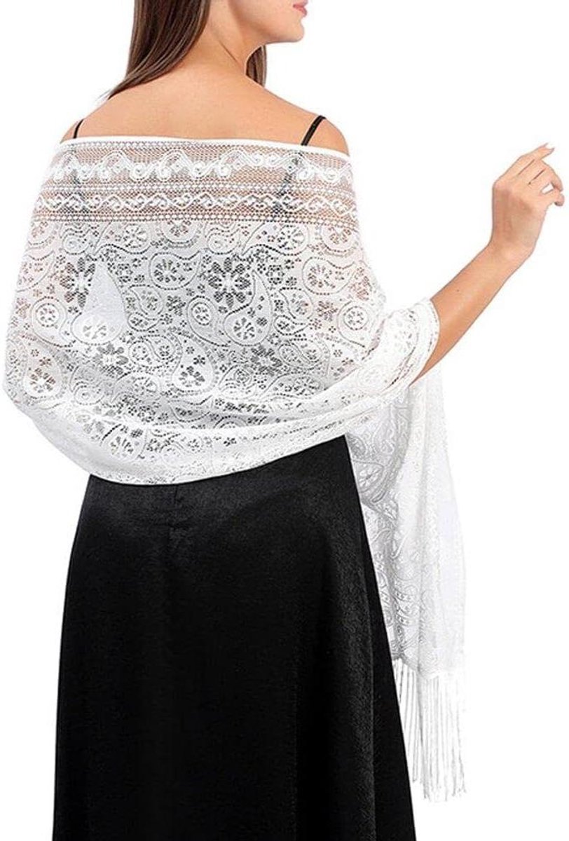 Women Floral Lace Scarf Scarf with Tassels Soft Mesh Fringe Wraps for Wedding Evening Party Dresses