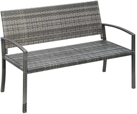 Grijze rotan 2-zits tuinbank, geïsoleerd op een witte achtergrond.